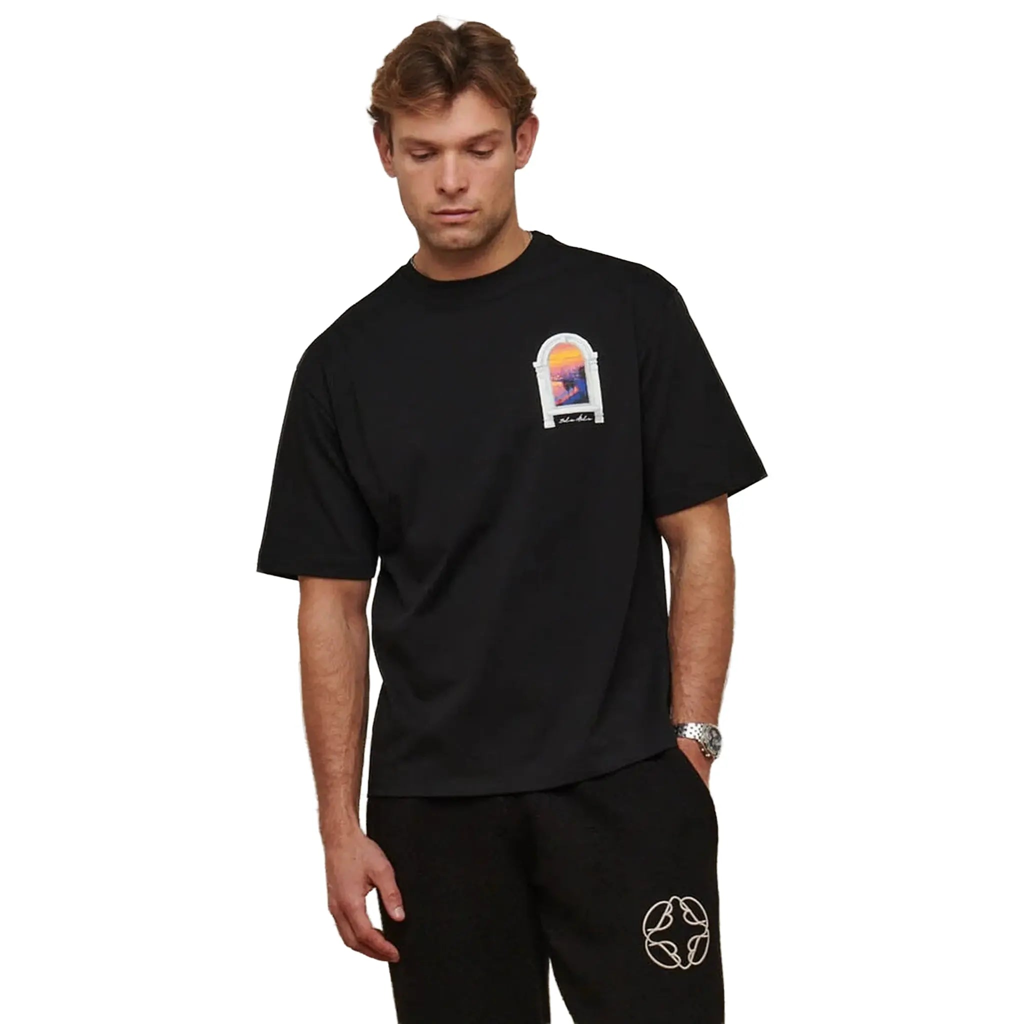Front View of Belier Miami Sunset Arch Black T Shirt BM838BLK